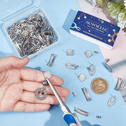 SUNNYCLUE 72Pcs Geometric Earring Posts Stainless Steel Earrings Post Findings Flat Square Rhombus Oval Silver Ear Backs Stud Supplies with Hole for DIY Ears Jewelry Making Crafting Accessories in Saudi Arabia