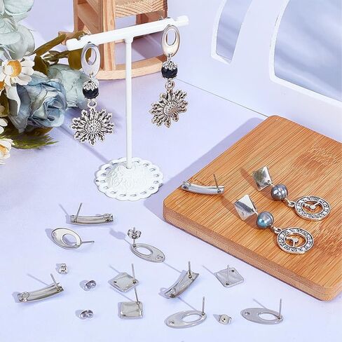 SUNNYCLUE 72Pcs Geometric Earring Posts Stainless Steel Earrings Post Findings Flat Square Rhombus Oval Silver Ear Backs Stud Supplies with Hole for DIY Ears Jewelry Making Crafting Accessories in Saudi Arabia