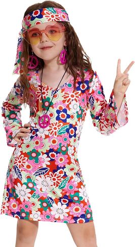 70s Hippie Dress for Girls, 1970s Outfits Peace Sign Necklace Headband, 60s Themed Party Costumes for Kids 5-14 Years in Kuwait
