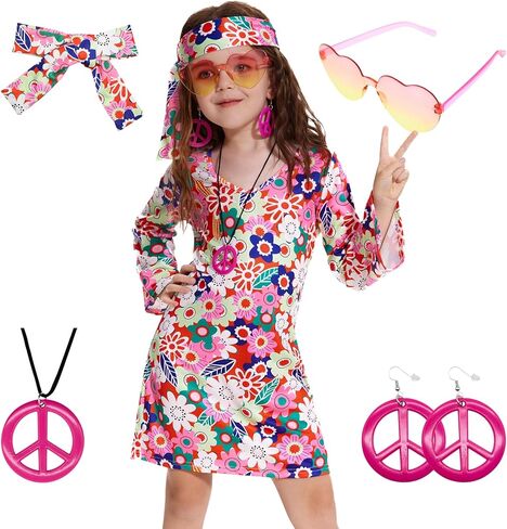 70s Hippie Dress for Girls, 1970s Outfits Peace Sign Necklace Headband, 60s Themed Party Costumes for Kids 5-14 Years in Kuwait