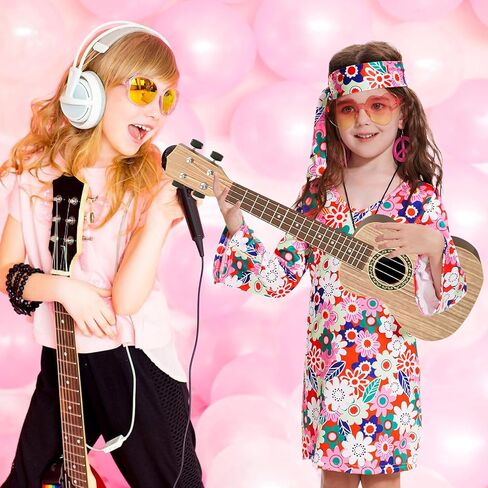 70s Hippie Dress for Girls, 1970s Outfits Peace Sign Necklace Headband, 60s Themed Party Costumes for Kids 5-14 Years in Kuwait