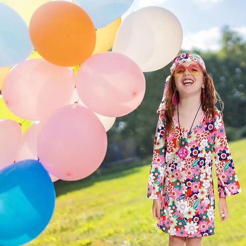 70s Hippie Dress for Girls, 1970s Outfits Peace Sign Necklace Headband, 60s Themed Party Costumes for Kids 5-14 Years in Kuwait