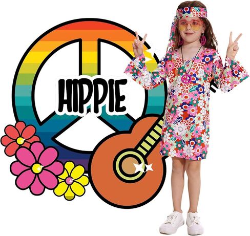 70s Hippie Dress for Girls, 1970s Outfits Peace Sign Necklace Headband, 60s Themed Party Costumes for Kids 5-14 Years in Kuwait