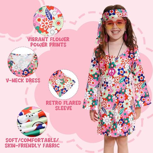 70s Hippie Dress for Girls, 1970s Outfits Peace Sign Necklace Headband, 60s Themed Party Costumes for Kids 5-14 Years in Kuwait