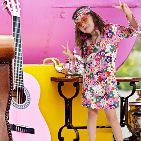 70s Hippie Dress for Girls, 1970s Outfits Peace Sign Necklace Headband, 60s Themed Party Costumes for Kids 5-14 Years in Kuwait