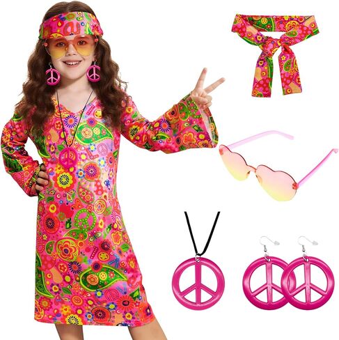 70s Hippie Dress for Girls, 1970s Outfits Peace Sign Necklace Headband, 60s Themed Party Costumes for Kids 5-14 Years in Saudi Arabia