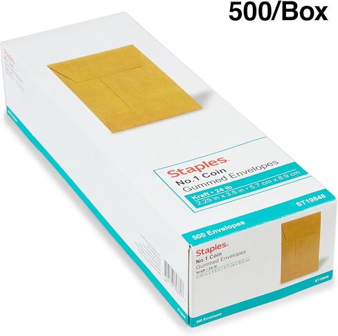 Staples Gummed #1 أظرف العملة ، 2 1/4 بوصة × 3 1/2 بوصة ، بني ، 1000/كرتون (ST19848-CCVS) in Kuwait