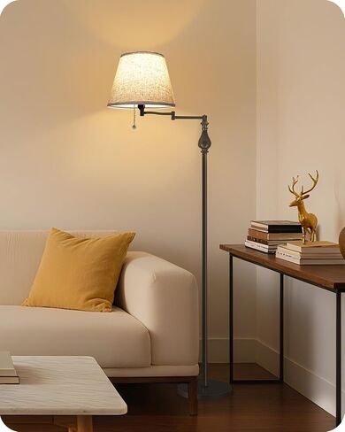 Vintage Floor Lamp with 350°Adjustable Swing Arm, 61" Mid-Century Modern Floor Lamp, Farmhouse Standing Pole Lamp, Antique Reading Lamp for Living Room, Bedroom, Office, Linen Shade, Gold DE13LD05 in Kuwait