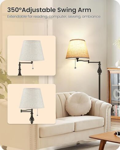 Vintage Floor Lamp with 350°Adjustable Swing Arm, 61" Mid-Century Modern Floor Lamp, Farmhouse Standing Pole Lamp, Antique Reading Lamp for Living Room, Bedroom, Office, Linen Shade, Gold DE13LD05 in Kuwait