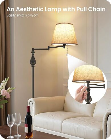 Vintage Floor Lamp with 350°Adjustable Swing Arm, 61" Mid-Century Modern Floor Lamp, Farmhouse Standing Pole Lamp, Antique Reading Lamp for Living Room, Bedroom, Office, Linen Shade, Gold DE13LD05 in Kuwait