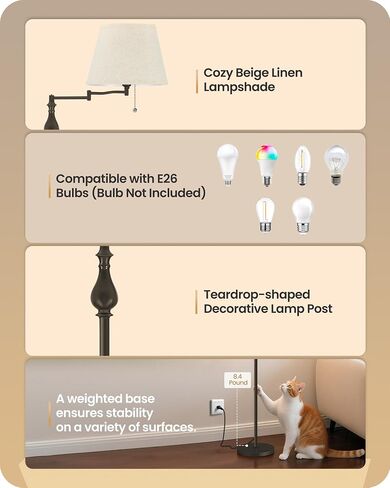 Vintage Floor Lamp with 350°Adjustable Swing Arm, 61" Mid-Century Modern Floor Lamp, Farmhouse Standing Pole Lamp, Antique Reading Lamp for Living Room, Bedroom, Office, Linen Shade, Gold DE13LD05 in Kuwait