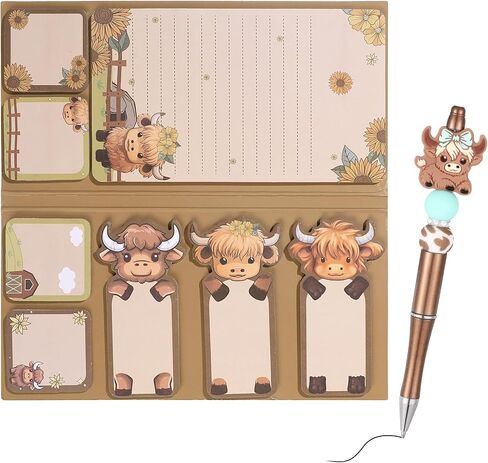 9 Pieces Lovely Highland Cow Sticky Notes,with 1 Pieces Beadable Pens,for Birthday Gift School Office Party Favors (Sticky Notes with Pen(White)) in Saudi Arabia