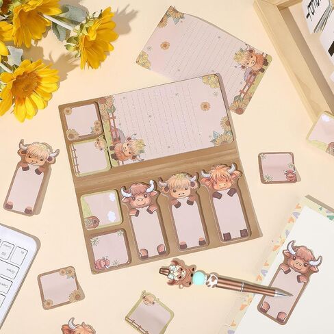 9 Pieces Lovely Highland Cow Sticky Notes,with 1 Pieces Beadable Pens,for Birthday Gift School Office Party Favors (Sticky Notes with Pen(White)) in Saudi Arabia