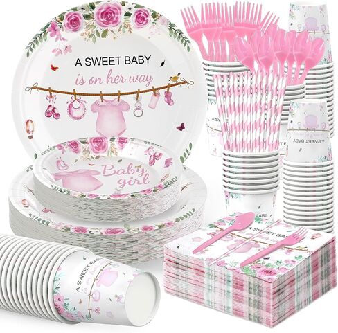 Baby Shower Party Plates and Cups and Napkins Sets, Baby Shower Decorations Boy, 50-Pack Blue & Greenery Design for Boys, 7-Piece Essentials Bundle DisposableTableware Set in Saudi Arabia
