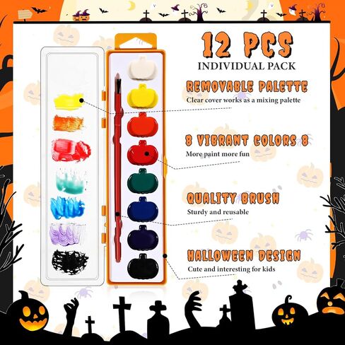 12 Pack Halloween Pumpkin Watercolor Paint Set for Kids 8 Washable Colors with Brushes Water Color Painting Kit for Halloween Painting Kit Gift Party Supplies in Saudi Arabia