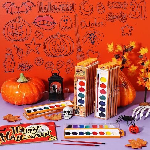 12 Pack Halloween Pumpkin Watercolor Paint Set for Kids 8 Washable Colors with Brushes Water Color Painting Kit for Halloween Painting Kit Gift Party Supplies in Saudi Arabia