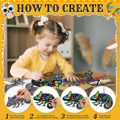 Gersoniel 60 Pcs Day of The Dead Scratch Paper Craft Día De Los Muertos Scratchboard Art Kit for Kids Skeleton Dog Scratch Card for Mexican Activities Halloween Party Decorations (6.3 x 6.69 Inch) in Saudi Arabia