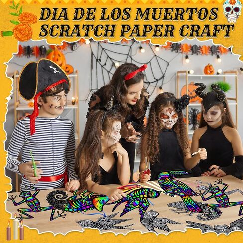 Gersoniel 60 Pcs Day of The Dead Scratch Paper Craft Día De Los Muertos Scratchboard Art Kit for Kids Skeleton Dog Scratch Card for Mexican Activities Halloween Party Decorations (6.3 x 6.69 Inch) in Saudi Arabia