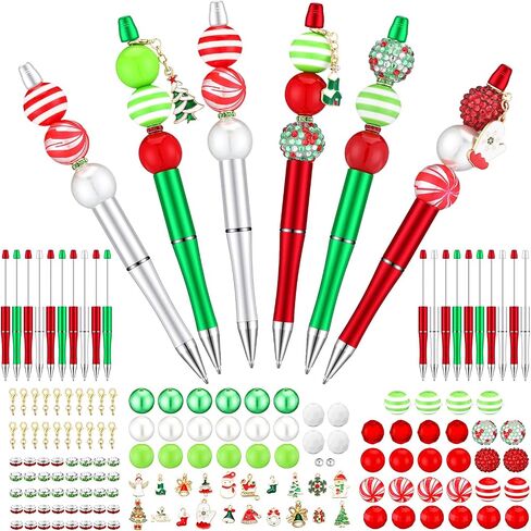 Gueevin 20 Sets Christmas Beadable Pen for Kids Christmas Classroom Gifts Making Kit Beaded Ballpoint Pen Diamond Spacer Assorted Charms Lobster Clasps for DIY Supplies Kids Birthday in Saudi Arabia