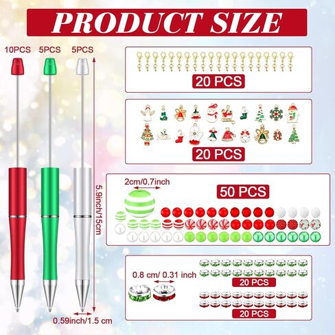 Gueevin 20 Sets Christmas Beadable Pen for Kids Christmas Classroom Gifts Making Kit Beaded Ballpoint Pen Diamond Spacer Assorted Charms Lobster Clasps for DIY Supplies Kids Birthday in Saudi Arabia