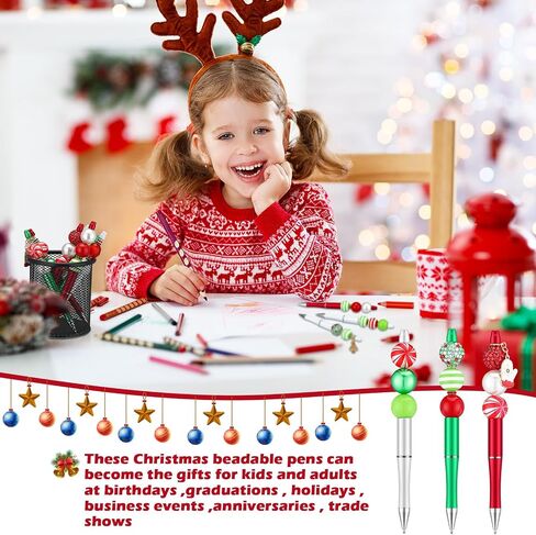 Gueevin 20 Sets Christmas Beadable Pen for Kids Christmas Classroom Gifts Making Kit Beaded Ballpoint Pen Diamond Spacer Assorted Charms Lobster Clasps for DIY Supplies Kids Birthday in Saudi Arabia