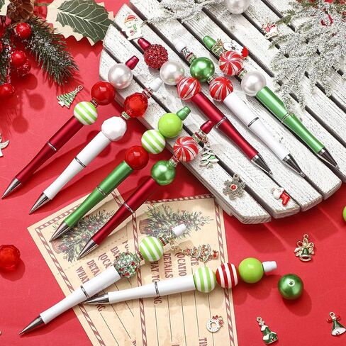 Gueevin 20 Sets Christmas Beadable Pen for Kids Christmas Classroom Gifts Making Kit Beaded Ballpoint Pen Diamond Spacer Assorted Charms Lobster Clasps for DIY Supplies Kids Birthday in Saudi Arabia