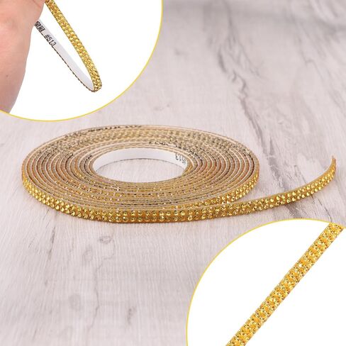 3 Yards Self Adhesive Rhinestone Ribbons, Gold Rhinestone Strips Diamond Rhinestones Ribbon Roll Stickers 3D Glitter Ribbon Rows Tape for DIY Crafts Clothes Party Gifts Decoration（Gold） in Saudi Arabia