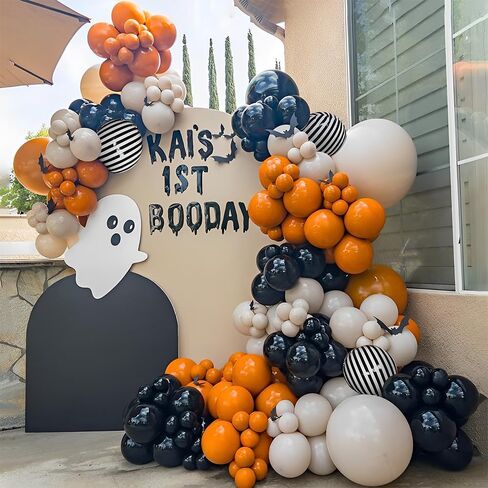 UAEYW Halloween Balloon Arch Garland Kit 144PCS Burnt Orange Black Sand White Balloons with Striped Foil Balloons for Halloween Day Party Decorations in Kuwait