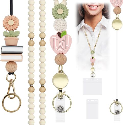 2 PCS Teacher Lanyards with 2 PCS ID SADGES HOLDER TRANDACKED Breakaway Lanyard للمفاتيح اللطيفة BOHO WOODEN BEDEDED NETROLACE لشارات الهوية امرأة ممرضة المعلم （Apple） in Kuwait