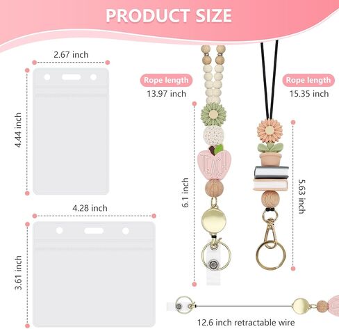 2 PCS Teacher Lanyards with 2 PCS ID SADGES HOLDER TRANDACKED Breakaway Lanyard للمفاتيح اللطيفة BOHO WOODEN BEDEDED NETROLACE لشارات الهوية امرأة ممرضة المعلم （Apple） in Kuwait