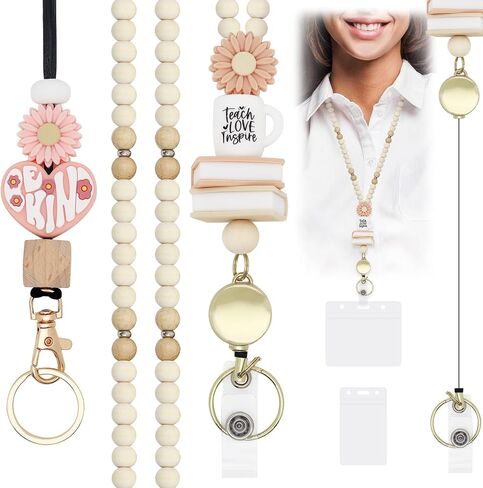 2 PCS Teacher Lanyards with 2 PCS ID SADGES HOLDER TRANDACKED Breakaway Lanyard للمفاتيح اللطيفة BOHO WOODEN BEDEDED NETROLACE لشارات الهوية امرأة ممرضة المعلم （Apple） in Kuwait