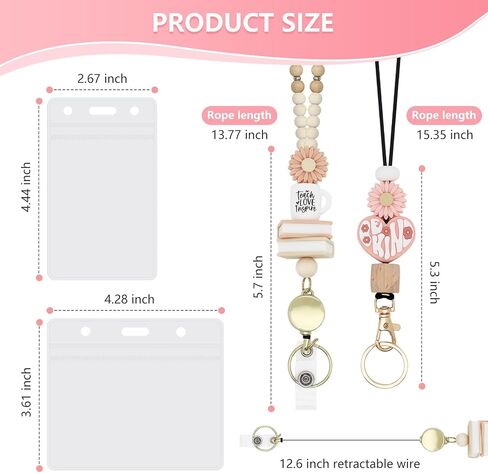 2 PCS Teacher Lanyards with 2 PCS ID SADGES HOLDER TRANDACKED Breakaway Lanyard للمفاتيح اللطيفة BOHO WOODEN BEDEDED NETROLACE لشارات الهوية امرأة ممرضة المعلم （Apple） in Kuwait