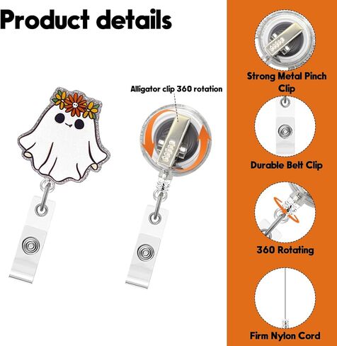 Halloween Badge Reel,Cute Ghost Acrylic Badge for ID Card Badge,Funny Pumpkin Floral Telescoping Retractable Badge Holder Alligator Clip Accessories for Nurse,Medical Worker,Nursing Student,Teacher in Kuwait
