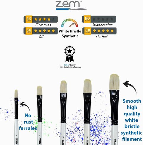 ZEM Brush White Hog Bristle Synthetic Filberts Artist Brush Set 5 pcs Sizes 2 4 6 8 10 | Acrylic and Oil in Saudi Arabia