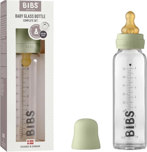 BIBS Baby Glass Bottle. Anti-Colic. Round Natural Rubber Latex Nipple. Supports Natural Breastfeeding, Complete Set - 225 ml, Dusky Lilac in Saudi Arabia