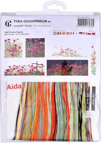 Thea Gouverneur - Counted Cross Stitch Kit - Orange Poppies - Aida - 16 Count - Embroidery Kit for Adults - DMC Embroidery Threads and Other Cross Stitch Supplies Included - 2062A in Saudi Arabia