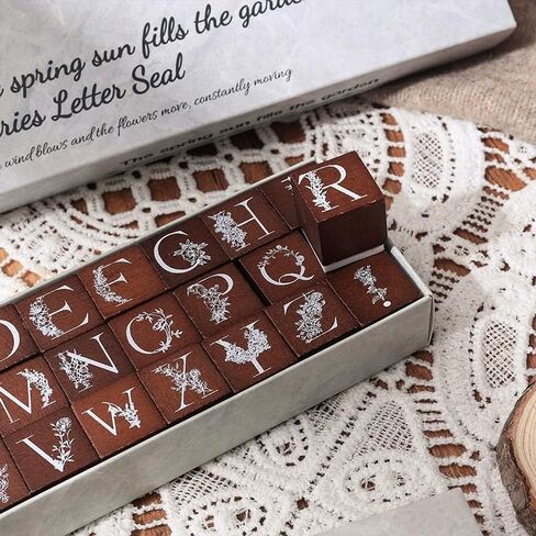 طوابع رسائل ، مجموعة طوابع مطاطية خشبية ، طوابع فنية مطاطية خشبية-26pcs A-Z أنماط الأبجدية والأزهار لصياغة خشب الزان والطوابع المطاطية in Saudi Arabia