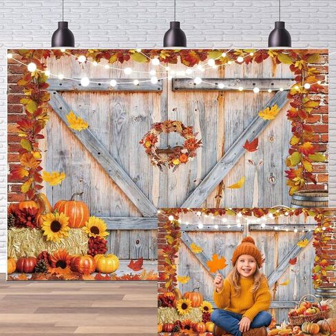 Dudaacvt 8x6FT Fall Thanksgiving Backdrop Autumn Pumpkin Harvest Barn Door Photography Backdrop Maple Leaves Haystack Thanksgiving Party Decorations in Kuwait