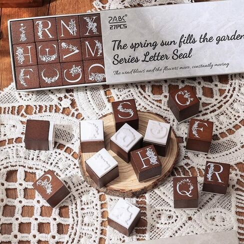 طوابع رسائل ، مجموعة طوابع مطاطية خشبية ، طوابع فنية مطاطية خشبية-26pcs A-Z أنماط الأبجدية والأزهار لصياغة خشب الزان والطوابع المطاطية in Saudi Arabia
