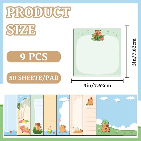 Capybara Gifts Sticky Notes - 9 PCS Cute Animal Self Stick Note for Capybara Lovers Adhesive Notepad to Do List Memo Pads School Stationery Supplies Funny Gift for Students Teacher 3x3 Inches in Kuwait