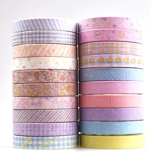 ZDOLAKIDS 20 Rolls Kawaii Washi Tape for Scrapbook - Cute Cartoon Rabbit Cat Bear Moon Stars Solid Color Plaid Scrapooking Supplies for DIY Arts Craft Project Party Album Collage Scrapbooking Journal in Saudi Arabia