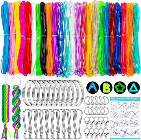 Tresotoyo Lanyard String ، 12 لونًا سلكًا بلاستيكيًا ، حبلًا ، طقمًا من سلاسل الحبل اللامع ، ويلاتس بريق داكن وملحقات حبل سلسلة مفاتيح 40pcs للحرف الرئيسية ، سوار ، سوار in Kuwait