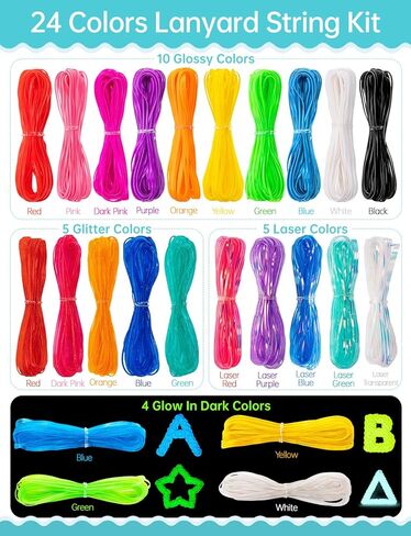 Tresotoyo Lanyard String ، 12 لونًا سلكًا بلاستيكيًا ، حبلًا ، طقمًا من سلاسل الحبل اللامع ، ويلاتس بريق داكن وملحقات حبل سلسلة مفاتيح 40pcs للحرف الرئيسية ، سوار ، سوار in Kuwait