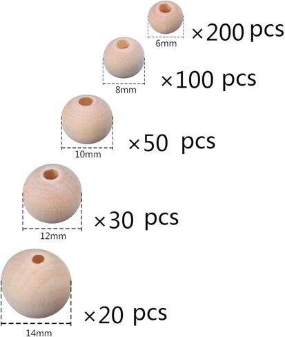 Amaney 400pcs 6mm-14mm حبات الخشب غير المكتملة متنوعة جولة طبيعية كرة فضفاضة حبات خشبية صلبة للحرف اليدوية المصنوعة يدويًا صنع مجوهرات جارلاند in Kuwait