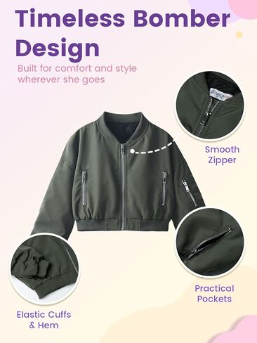 WELAKEN Lightweight Multiple Pockets Zip Up Bomber Jacket for Girls Toddler & Kids II Little Girl's Casual Flight Crop Jacket in Kuwait