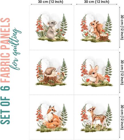 UNIQUE Woodland Forest Little Animals Fabric Panel Set (6 Panels, 12x12in Each), Baby Quilt Panels, Cotton Twill Fabric Panel Set for Quilting in Saudi Arabia