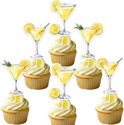 36pcs Lemon Drop Martini Cupcake Topper Cocktail Party Theme Cake Decoration Yellow Martini Birthday Party Decorations for Women Wedding Bridal Shower in Kuwait
