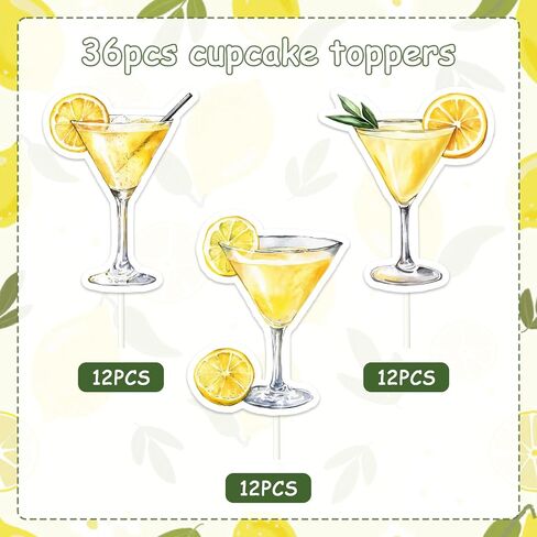 36pcs Lemon Drop Martini Cupcake Topper Cocktail Party Theme Cake Decoration Yellow Martini Birthday Party Decorations for Women Wedding Bridal Shower in Kuwait