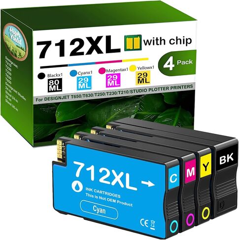 712XL 712 XL Ink High Livel متوافق مع HP 712 Combo Combo Combo Combo Pack Pack لـ HP DesignJet T210 Ink T230 T250 T630 T650 Studio Closeter Printer (1 Black ، 1 Cyan ، 1 Magenta ، 1 صفر ، 4Pack) in Saudi Arabia