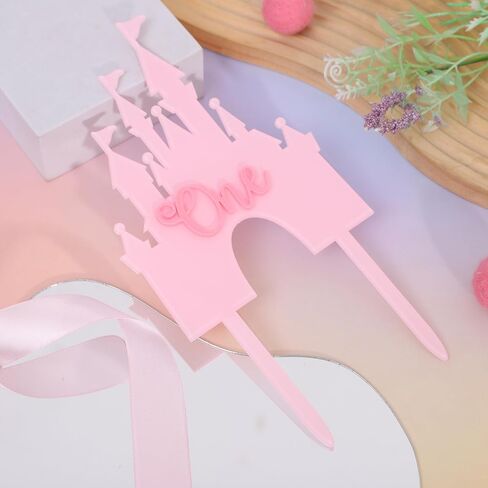 Pink Castle One Cake Topper - ديكورات عيد ميلاد صغيرة الأميرة الأولى ، كعكة عيد ميلاد أكريليك ، توببر ، زفاف الأميرة الأولى للذكرى المركزية ، الدعائم الحلوة السحرية للحفلات (القوس) in Kuwait